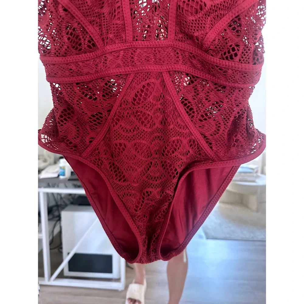 BECCA by Rebecca Virtue Crochet Plunge Neck One Piece Keyhole Swimsuit Maroon S